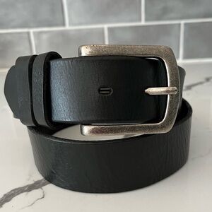 Genuine Full Grain Black Leather Silvertone Buckle Minimalist Contemporary
